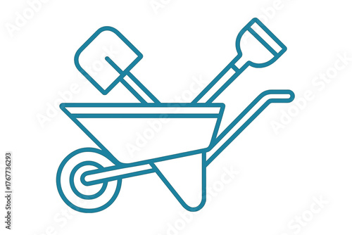Wheelbarrow carrying a shovel and a spade for gardening and construction work