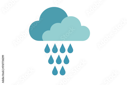 Simple stylized blue cloud icon raining water droplets isolated on a clean white background