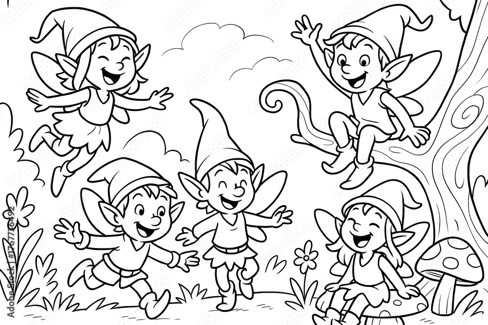 Fototapeta premium A coloring page for children and adults, featuring cheerful elves.