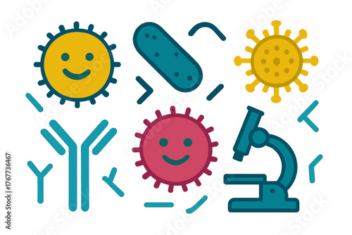Colorful set of microbiology and immunology elements: viruses, bacteria, antibody, and microscope