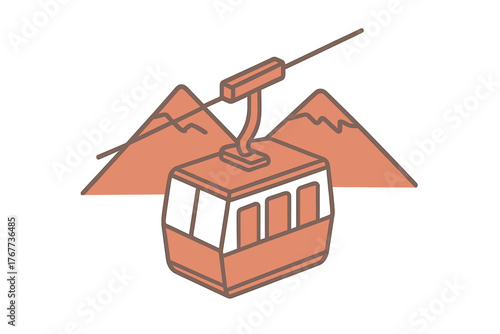 Gondola cabin moving across mountains on a cable line in simple outline style