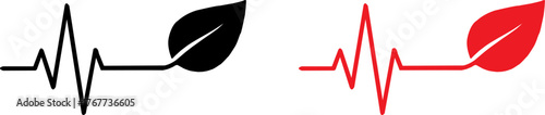 Abstract heartbeat pulse line art with leaf silhouette in black and red