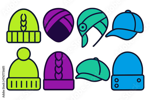 Colorful assortment of winter and casual headwear icons including knit caps and turbans