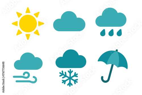 Basic weather forecast symbols set including sun, cloud, rain, snow, wind, and umbrella