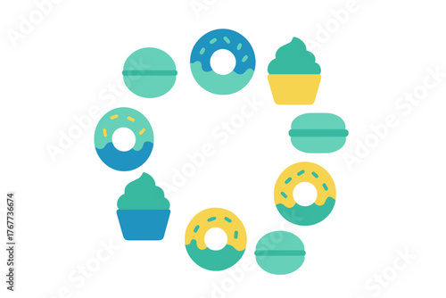 Vibrant assortment of sweet baked goods arranged in a circular pattern on white