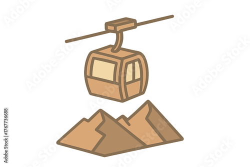 Ski lift gondola cabin traveling along a cable above snowy mountain range peaks