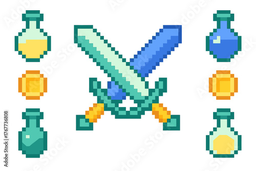 Classic video game elements featuring crossed fantasy swords, various magical potions, and golden currency tokens
