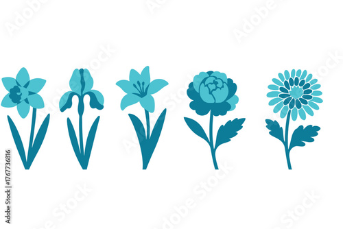 Stylized blue spring and summer flowers set featuring iris peony and daffodil