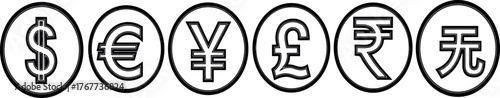 A versatile collection of outlined international currency symbols, including global monetary signs for financial representations, economic indicators, and diverse commercial applications