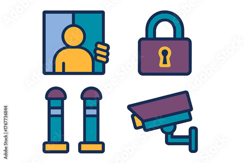 Security and surveillance symbols featuring padlock, camera, abstract person, and access bollards