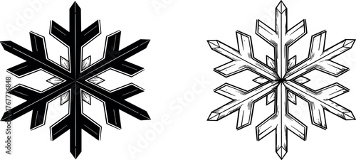 Vector graphic set featuring two distinct, stylized snowflakes—one bold black and one intricately outlined—perfect for winter-themed designs, holiday decorations, and icy season visuals