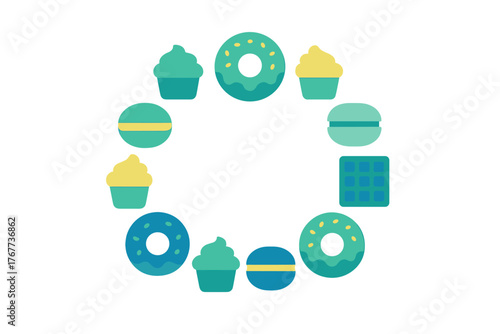 Colorful assortment of baked goods and sweet treats arranged in a decorative circle pattern
