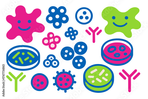 Brightly colored microscopic organisms, biological elements, bacteria, cells, and antibodies