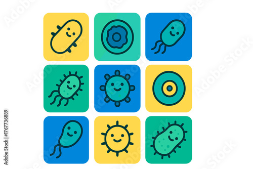 Adorable smiling microbe characters representing germs, biology, and microscopic life