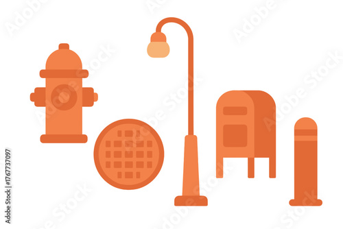 Urban street furniture icons set including fire hydrant, lamppost, manhole, and mailbox