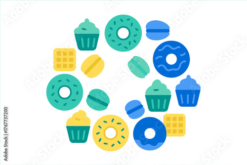 Colorful arrangement of various sweet baked goods and confectionery treats