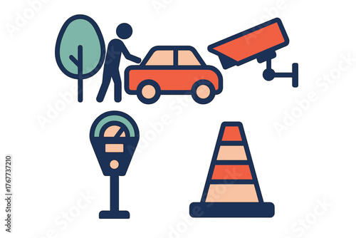 Flat design symbols for urban environment: car, pedestrian, security camera, parking meter, traffic cone