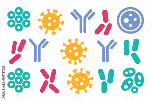 Colorful set of microbiology and immunology icons showing viruses, antibodies, and various cells
