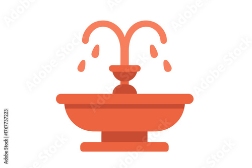 Stylized orange tiered water fountain icon with splashing water drops on white background