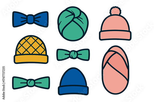Colorful collection of winter headwear and formal neckwear accessories including beanies and bow ties