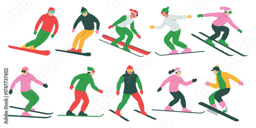 Winter sports vector illustration set featuring people skiing and snowboarding, holiday activity collection in colorful flat style for seasonal designs