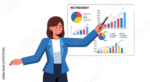 Businesswoman Presenting Retirement Plans and Financial Charts to Illustrate Growth