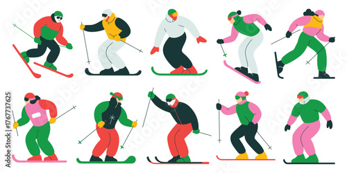 Winter sports vector illustration set featuring people skiing and snowboarding, holiday activity collection in colorful flat style for seasonal designs