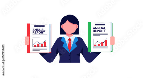 Businesswoman Presenting Two Annual Reports Showcasing Financial Growth and Data Analysis