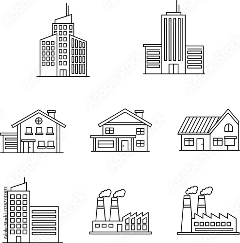 Line Art Building Editable Vector Icons Set for Architecture, Real Estate, and Urban Design.