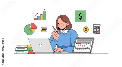 Businesswoman Analyzing Financial Data Using Laptop and Graphics, Calculating Budgets
