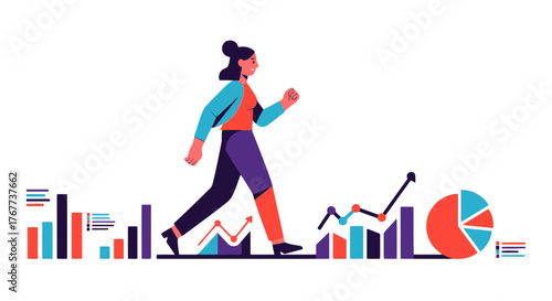 Businesswoman Progresses Over Data Charts, Displaying Financial Growth and Economic Analysis