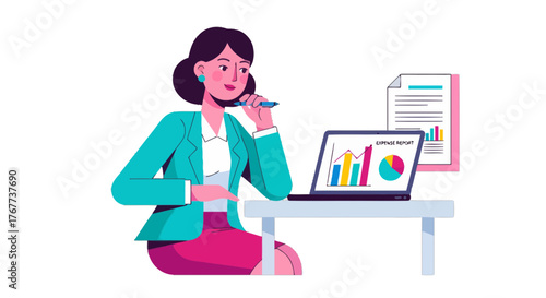 Businesswoman Analyzing Report Data On Laptop With Charts And Reports Modern Illustration