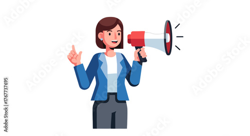 Businesswoman Using Megaphone To Speak Or Broadcast Announcement Cartoon Illustration