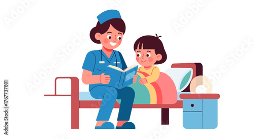 Caring Nurse Reading Bedtime Story to Young Child for Comfort and Connection