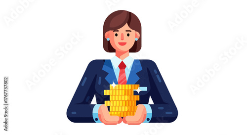 Businesswoman Holding Golden Coins,Illustrating Financial Success,Wealth,and Investments.