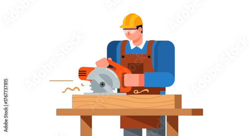 Carpenter Using A Circular Saw Cutting Wood in A Workshop Workspace Black Background