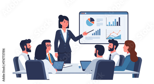 Businesswoman Leads Meeting Displaying Financial Statistics With Data Visualizations Presentation
