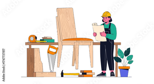 Carpenter Examining Plans For Chair Construction With Variety of Tools Present