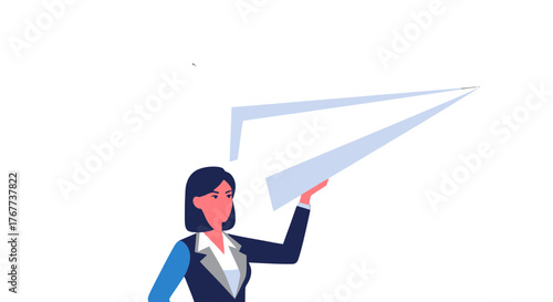 Businesswoman Launching Paper Airplane With Innovative Futuristic Concepts For Success