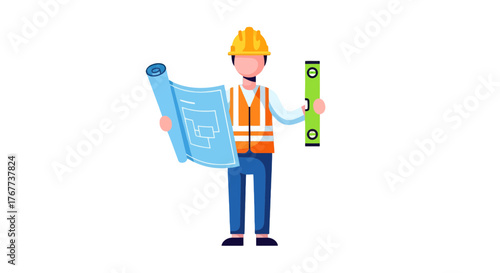 Cartoon Architect Holding Blueprints and Level for Construction Project Illustration