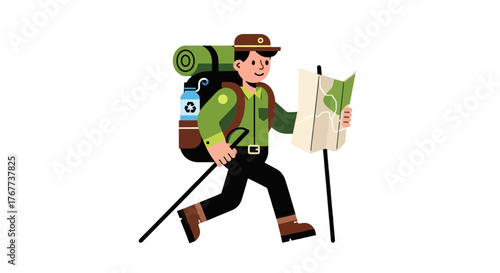 Cartoon Adventurer Hiking With Map And Backpack Exploring New Destinations Outdoors
