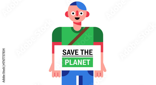 Cartoon Advocate Displaying Message to Save the Planet in a Simple, Flat Illustration
