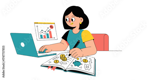 Businesswoman Planning Finances, Saving Money Using Computer and Diary, Smart Investment