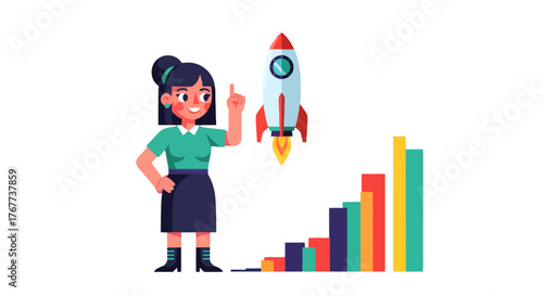 Businesswoman Pointing Upward with Rocket and Growth Charts for Success Goals