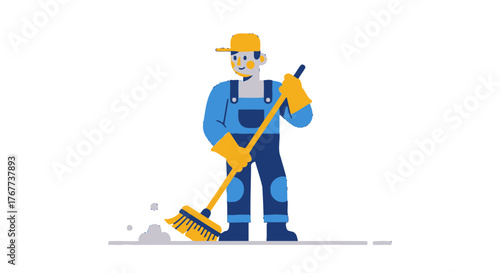 Cartoon Cleaner Sweeping Away Debris With Large Yellow Brush On Black Background