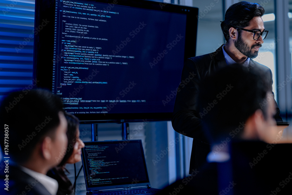 Fototapeta premium A focused male AI solutions architect in a futuristic control hub debates generative AI applications collaborating on a complex machine learning model with his team under atmospheric blue lighting.