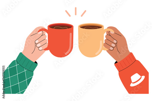 Cozy Christmas vector illustration with multicultural friends celebrating winter holidays, toasting coffee mugs and hot chocolate in warm sweaters, showing unity, friendship, and seasonal joy