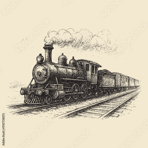 Vintage Steam Locomotive Sketch on Tracks Old Steam Engine Train Vector – Hand Drawn Railway Design