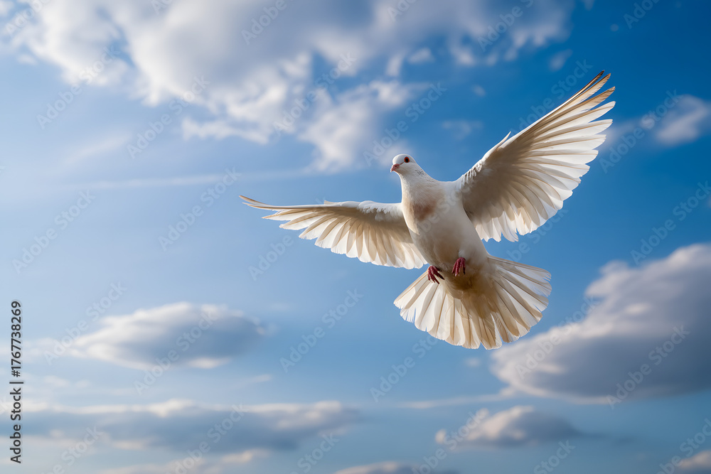 Obraz premium white dove soaring in the sky symbolizing peace and freedom