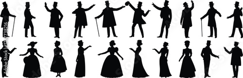 Victorian era silhouettes, elegant gentlemen and ladies, historical fashion figures, vintage posture illustration, classic aristocratic style characters